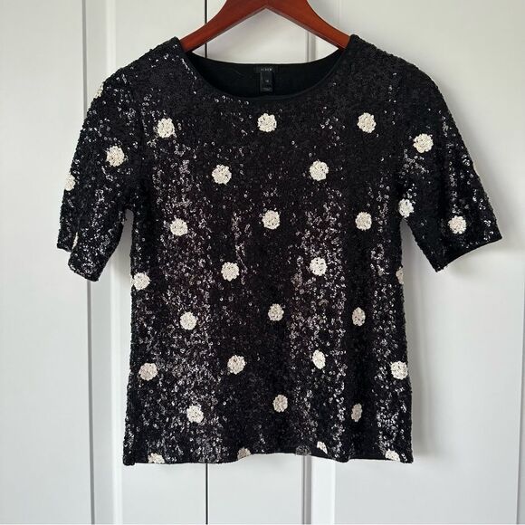 J. Crew Size XS Polka Dot Black and White Sequin Short Sleeve Blouse - Picture 2 of 4